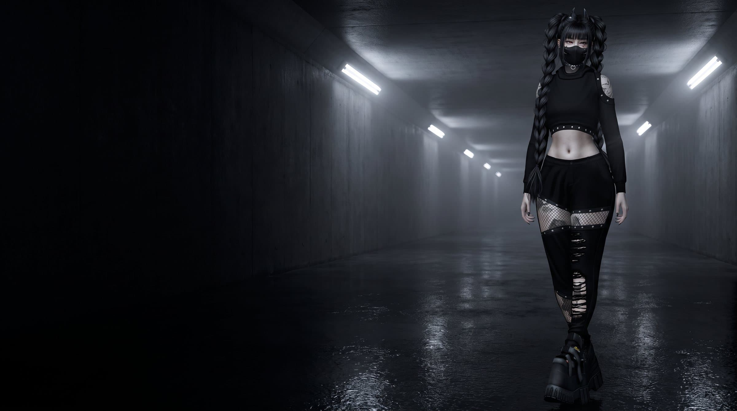 An avatar in a black techwear outfit walking through a dark concrete underpass